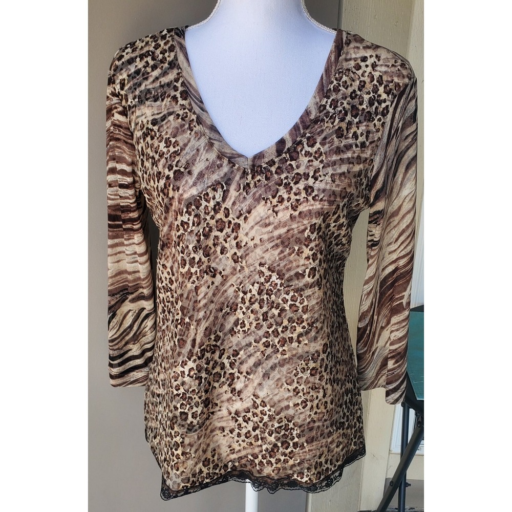 Chicos V Neck Animal Print Top Lace Trim Brown Boho 3/4 Sleeve Womens Medium